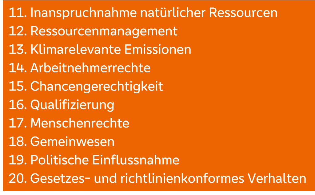 Übersicht Kriterien Nachhaltigkeit 11 - 20